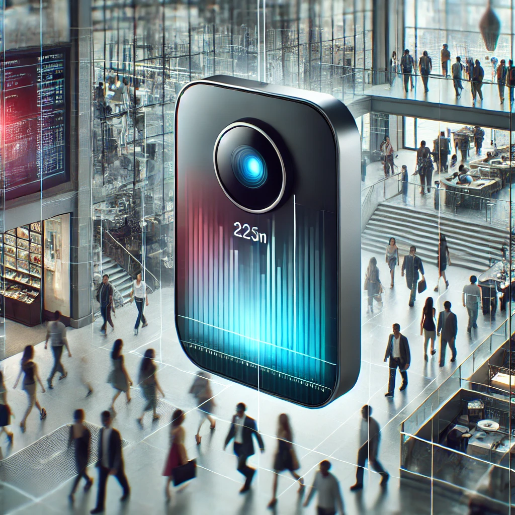 Footfall Intelligence 8 DALL·E 2024 10 14 11.43.27 An image of the FT People Counter sensor showcasing its unique modern design that emphasizes accuracy and privacy. The sensor should appear sleek and